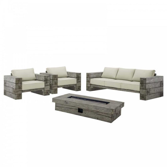 Manteo Rustic Coastal Outdoor Patio Sunbrella 4 Piece Set, Light Gray Beige, EEI-4036-LGR-BEI-SET