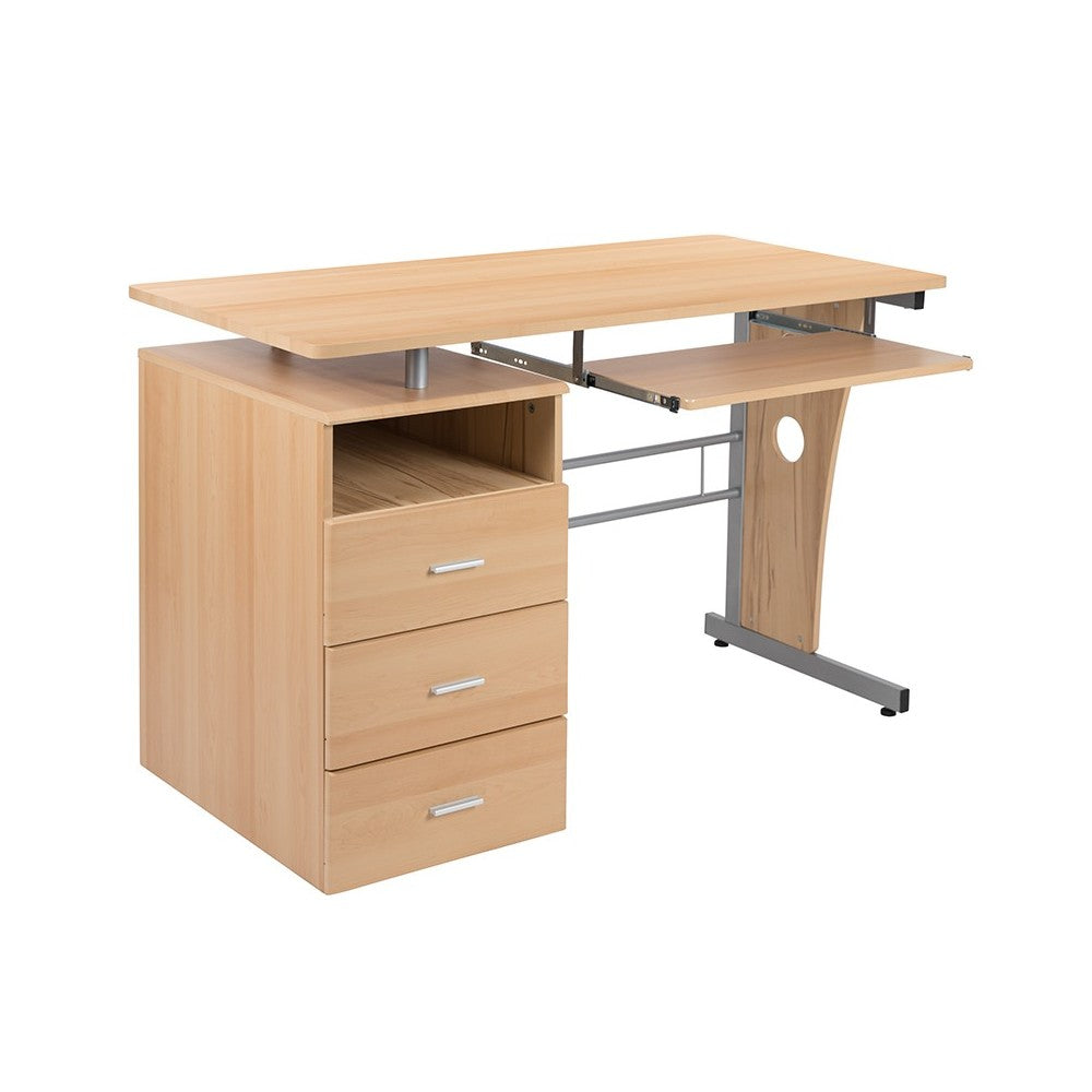 Maple Desk with Three Drawer Pedestal and Pull-Out Keyboard Tray