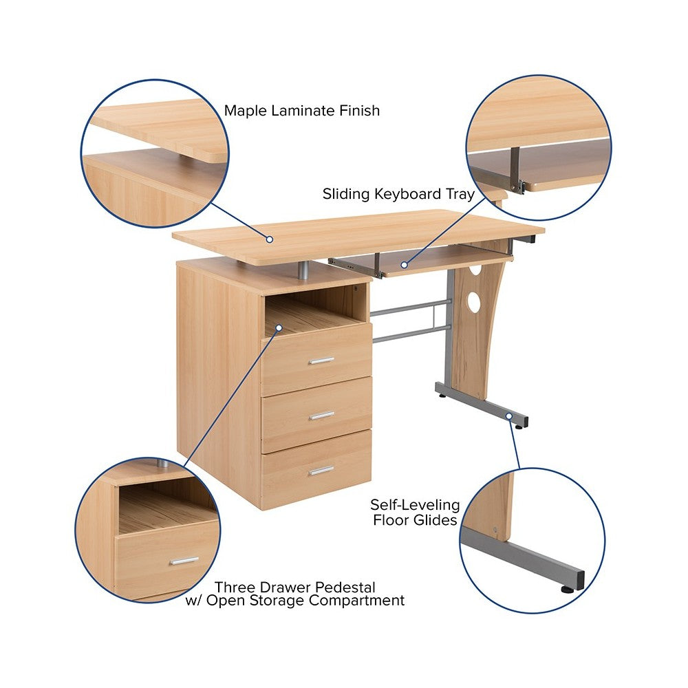 Maple Desk with Three Drawer Pedestal and Pull-Out Keyboard Tray