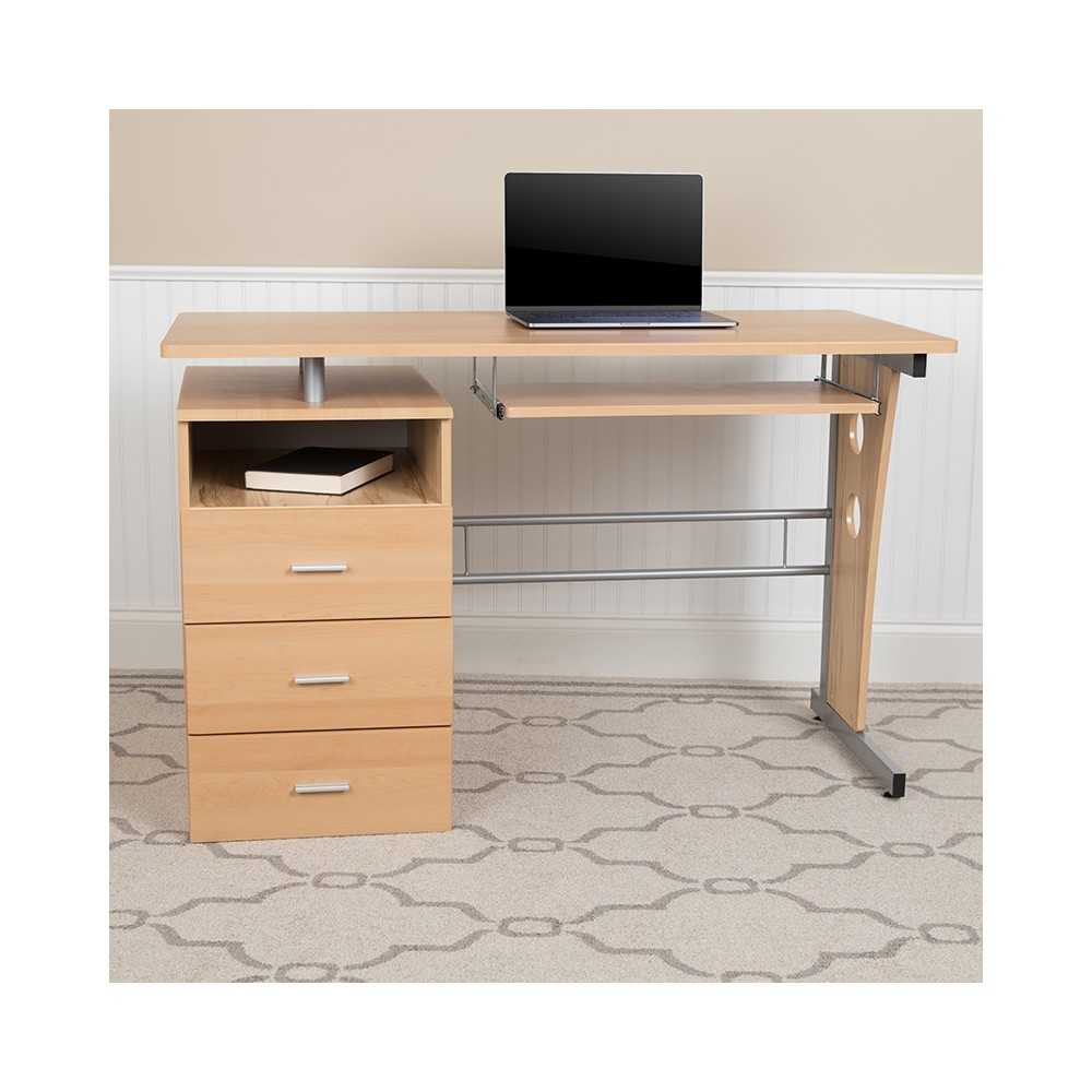 Maple Desk with Three Drawer Pedestal and Pull-Out Keyboard Tray