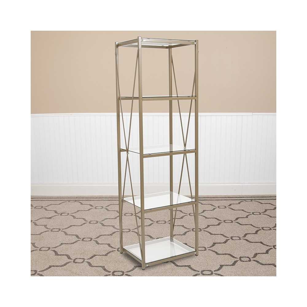 Mar Vista Collection 4 Shelf 64"H Cross Brace Glass Bookcase in Matte Gold