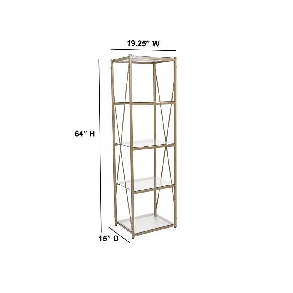 Mar Vista Collection 4 Shelf 64"H Cross Brace Glass Bookcase in Matte Gold