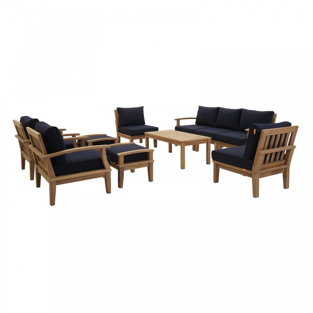 Marina 10 Piece Outdoor Patio Teak Set, Natural Navy, EEI-1480-NAT-NAV-SET