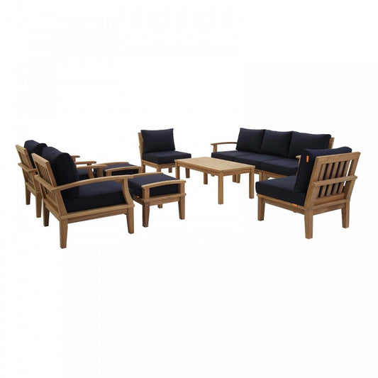 Marina 10 Piece Outdoor Patio Teak Set, Natural Navy, EEI-1480-NAT-NAV-SET