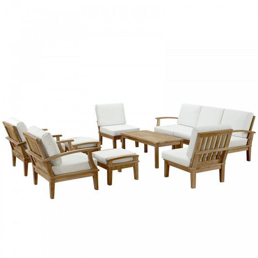 Marina 10 Piece Outdoor Patio Teak Set, Natural White, EEI-1480-NAT-WHI-SET