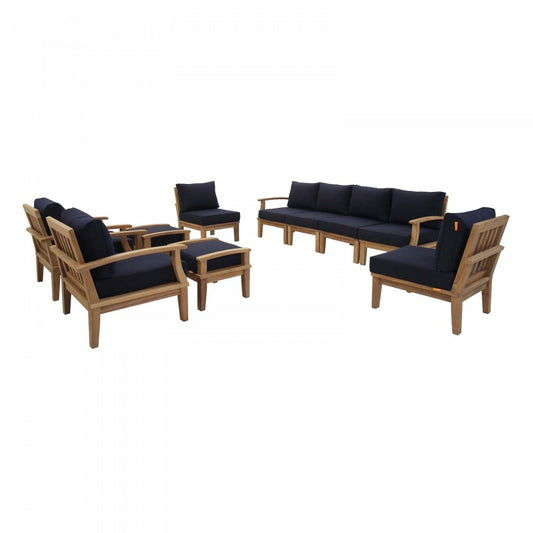 Marina 10 Piece Outdoor Patio Teak Set, Natural Navy, EEI-1489-NAT-NAV-SET