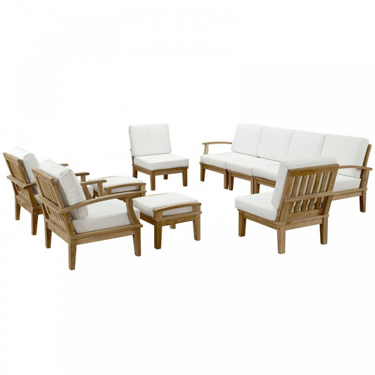Marina 10 Piece Outdoor Patio Teak Set, Natural White, EEI-1489-NAT-WHI-SET