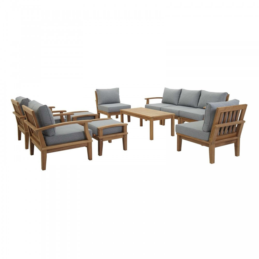 Marina 10 Piece Outdoor Patio Teak Set, Natural Gray, EEI-1480-NAT-GRY-SET