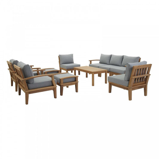 Marina 10 Piece Outdoor Patio Teak Set, Natural Gray, EEI-1480-NAT-GRY-SET
