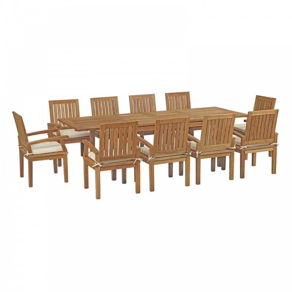 Marina 11 Piece Outdoor Patio Teak Dining Set, Natural White