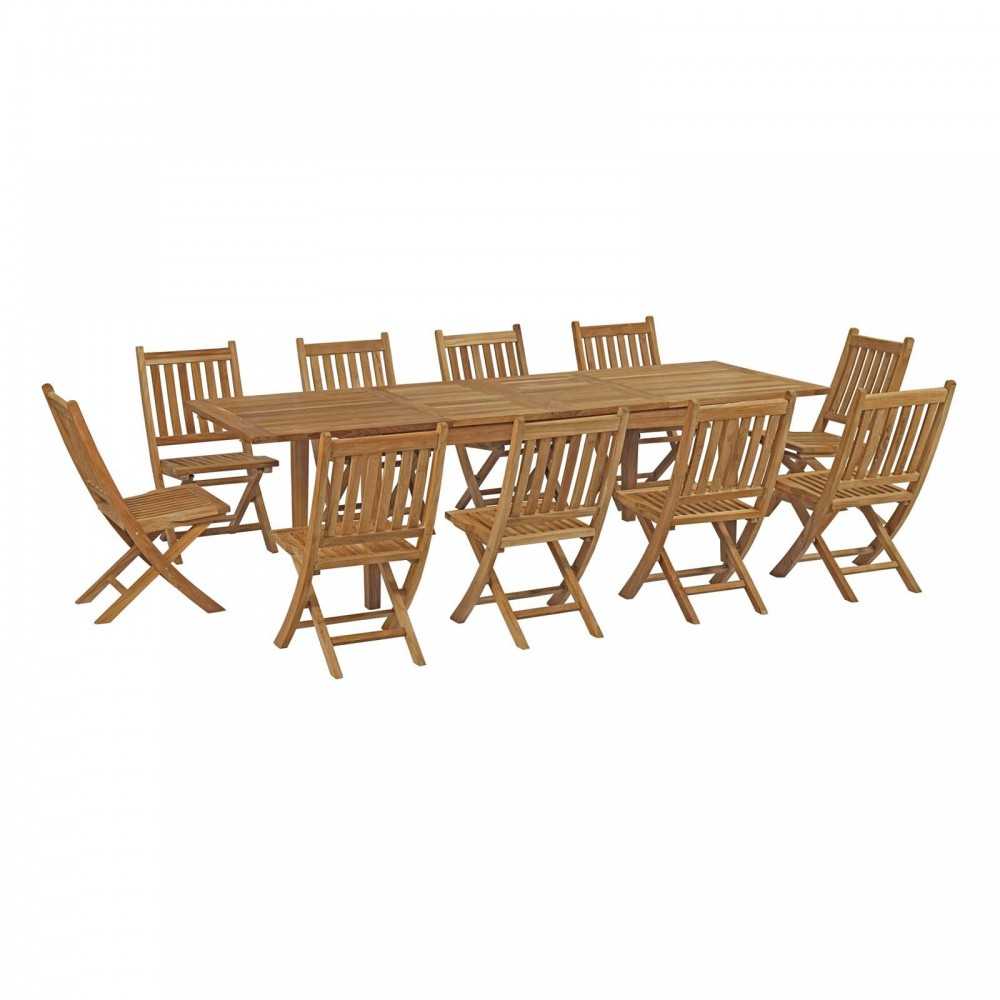 Marina 11 Piece Outdoor Patio Teak Dining Set, Natural, EEI-3284-NAT-SET