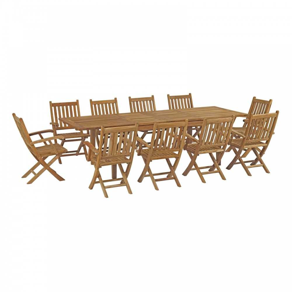 Marina 11 Piece Outdoor Patio Teak Dining Set, Natural, EEI-3285-NAT-SET