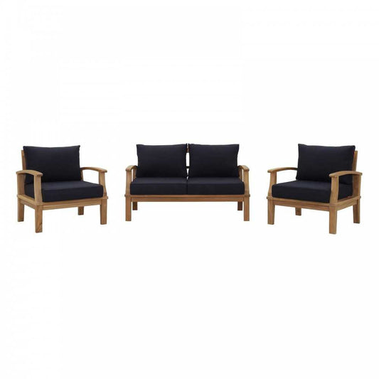 Marina 3 Piece Outdoor Patio Teak Set, Natural Navy, EEI-1470-NAT-NAV-SET