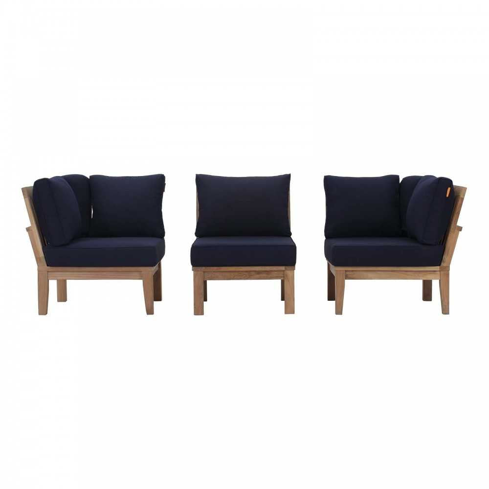 Marina 3 Piece Outdoor Patio Teak Set, Natural Navy, EEI-1820-NAT-NAV-SET