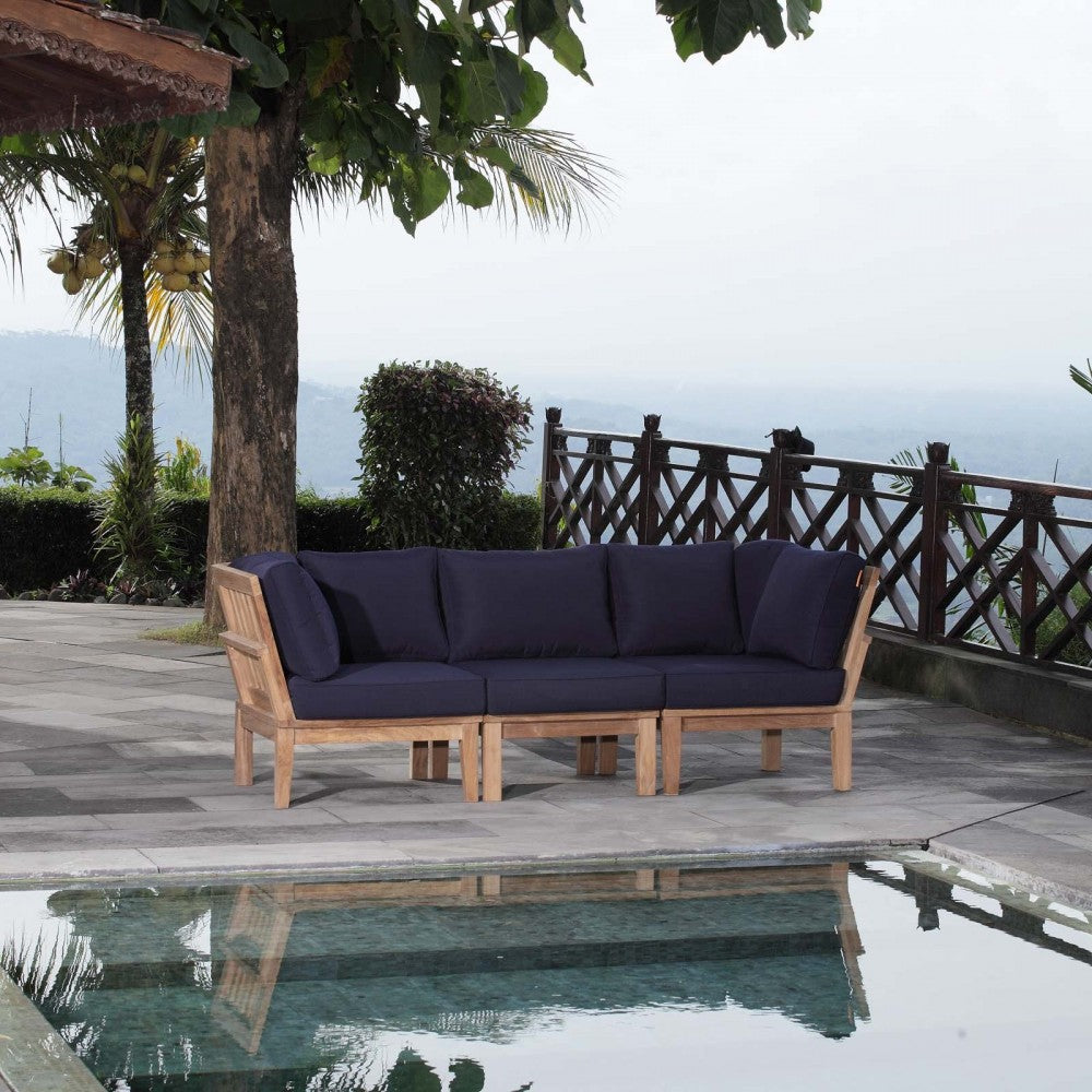 Marina 3 Piece Outdoor Patio Teak Set, Natural Navy, EEI-1820-NAT-NAV-SET