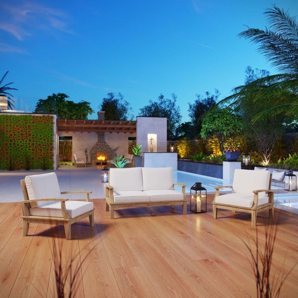 Marina 3 Piece Outdoor Patio Teak Set, Natural White, EEI-1470-NAT-WHI-SET