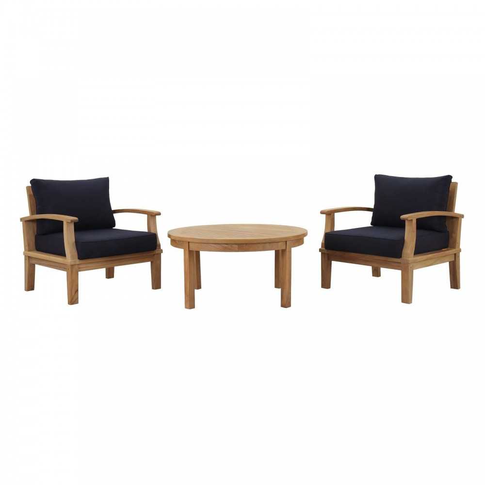 Marina 3 Piece Outdoor Patio Teak Set, Natural Navy, EEI-1475-NAT-NAV-SET