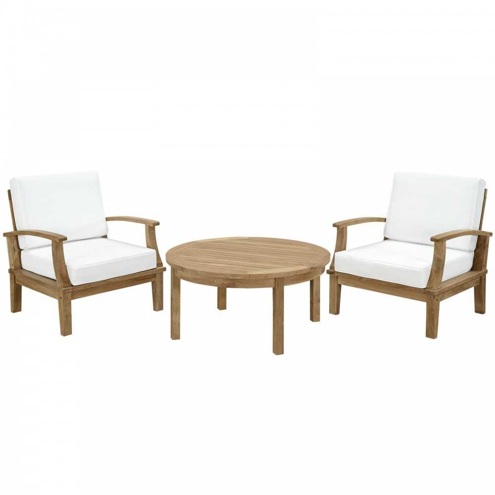Marina 3 Piece Outdoor Patio Teak Set, Natural White, EEI-1475-NAT-WHI-SET