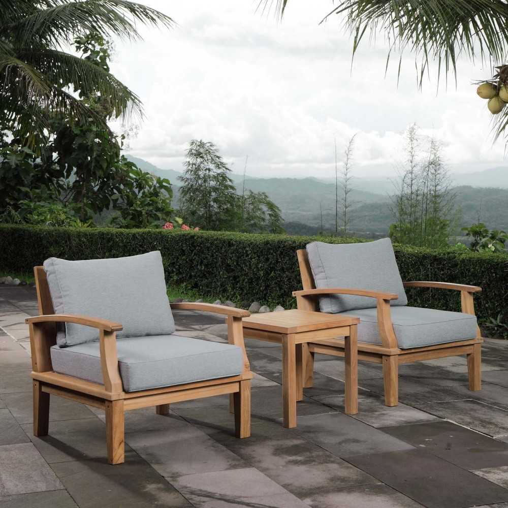 Marina 3 Piece Outdoor Patio Teak Set, Natural Gray, EEI-1487-NAT-GRY-SET