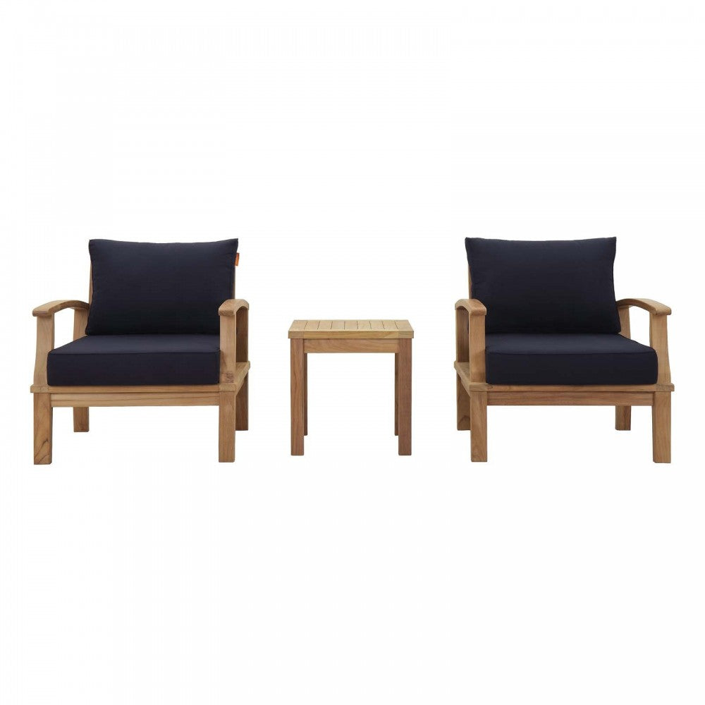 Marina 3 Piece Outdoor Patio Teak Set, Natural Navy, EEI-1487-NAT-NAV-SET