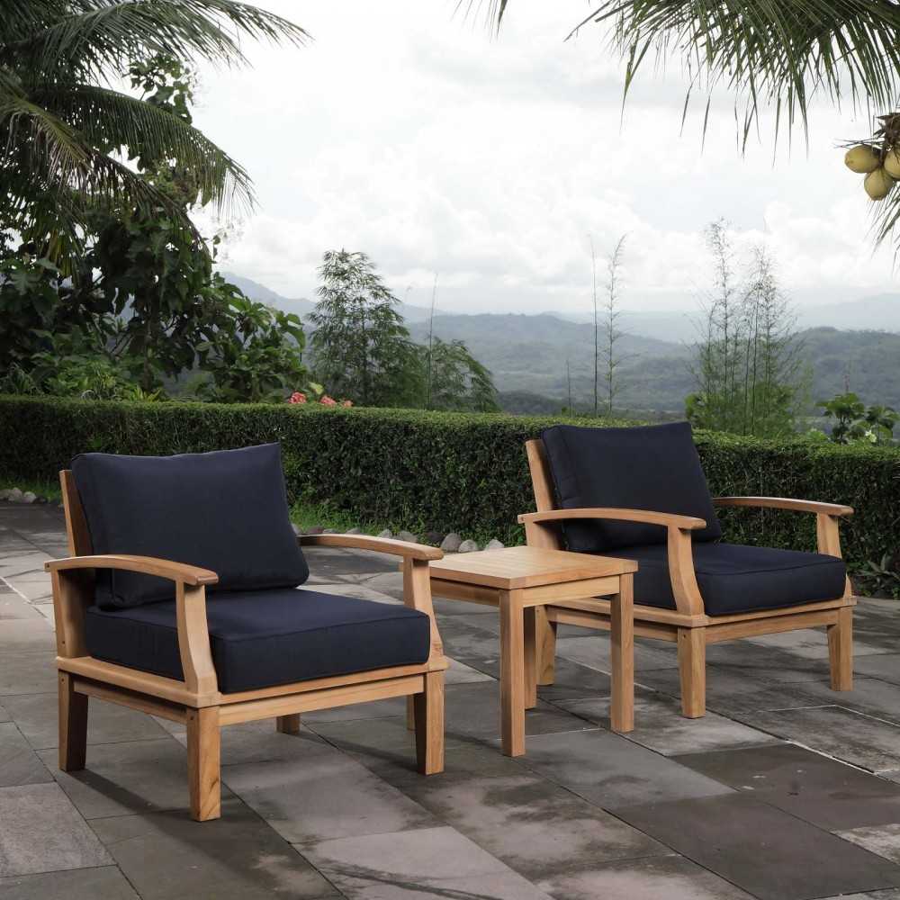 Marina 3 Piece Outdoor Patio Teak Set, Natural Navy, EEI-1487-NAT-NAV-SET