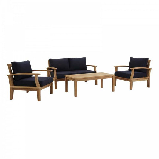 Marina 4 Piece Outdoor Patio Teak Set, Natural Navy, EEI-1469-NAT-NAV-SET