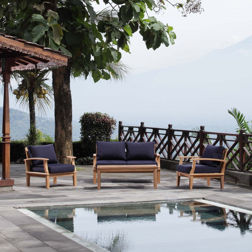Marina 4 Piece Outdoor Patio Teak Set, Natural Navy, EEI-1469-NAT-NAV-SET
