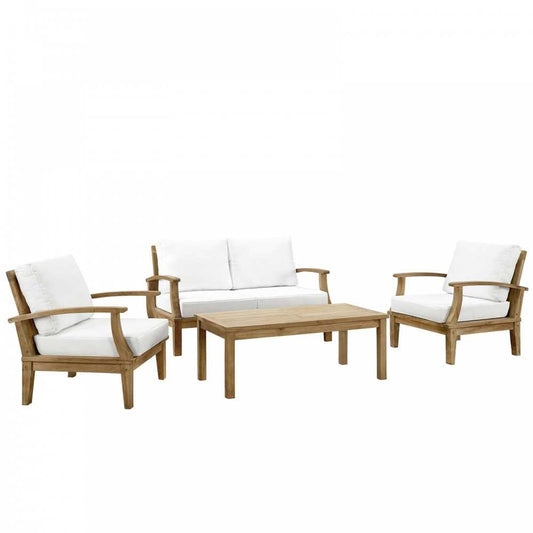 Marina 4 Piece Outdoor Patio Teak Set, Natural White, EEI-1469-NAT-WHI-SET