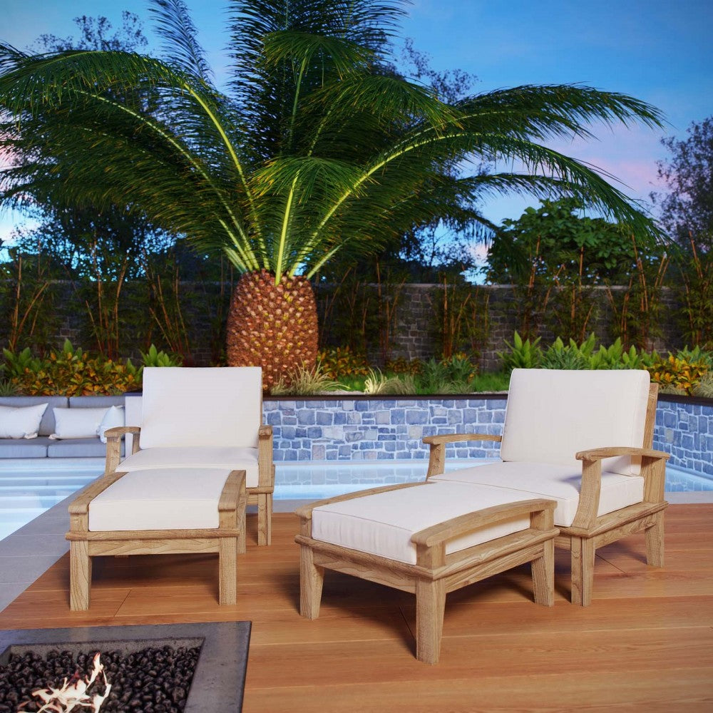 Marina 4 Piece Outdoor Patio Teak Set, Natural White, EEI-1537-NAT-WHI-SET