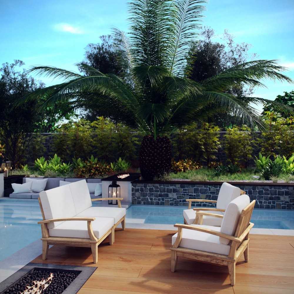 Marina 4 Piece Outdoor Patio Teak Set, Natural White, EEI-1818-NAT-WHI-SET