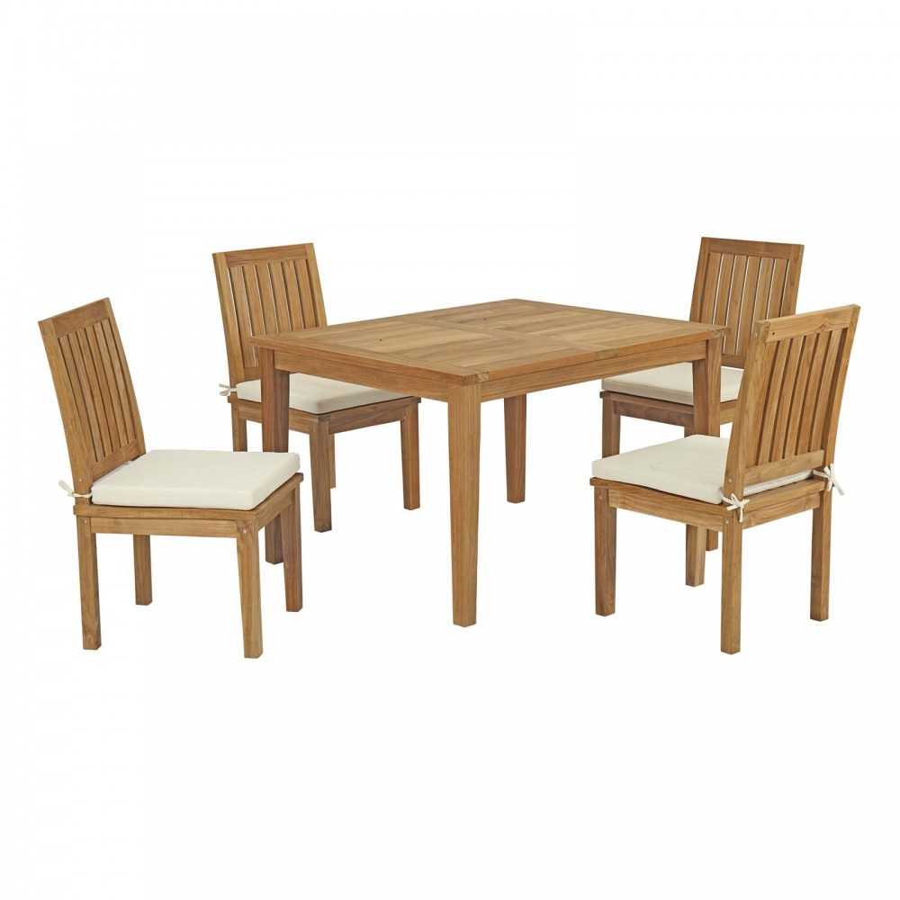 Marina 5 Piece Outdoor Patio Teak Dining Set, Natural White, EEI-3287-NAT-WHI-SET