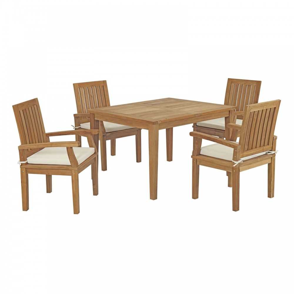 Marina 5 Piece Outdoor Patio Teak Dining Set, Natural White, EEI-3286-NAT-WHI-SET