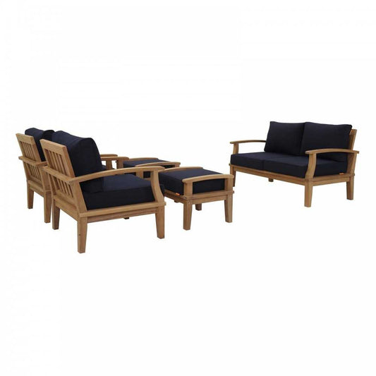 Marina 5 Piece Outdoor Patio Teak Set, Natural Navy, EEI-1472-NAT-NAV-SET