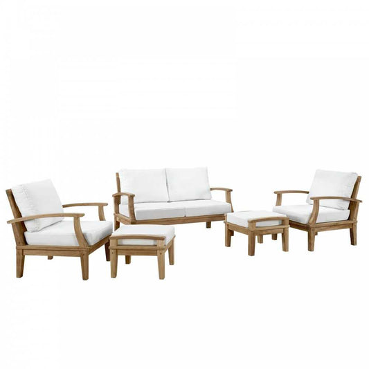 Marina 5 Piece Outdoor Patio Teak Set, Natural White, EEI-1472-NAT-WHI-SET