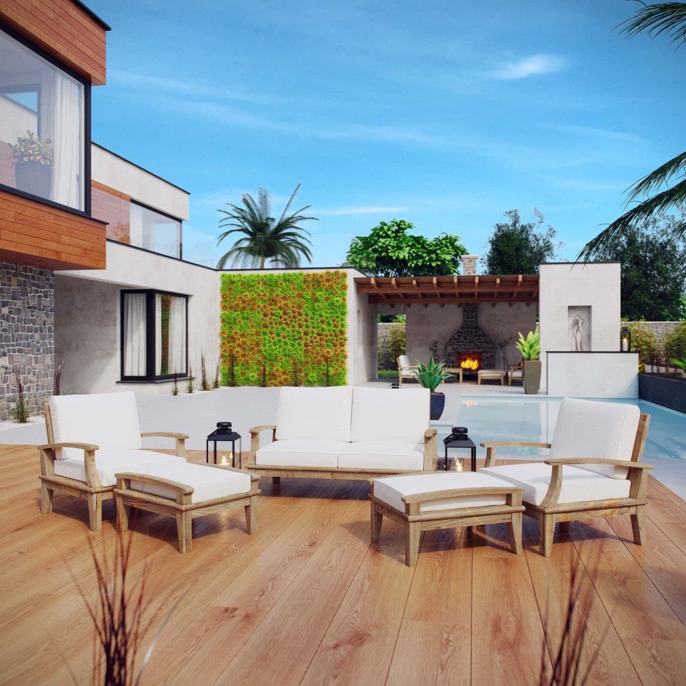 Marina 5 Piece Outdoor Patio Teak Set, Natural White, EEI-1472-NAT-WHI-SET