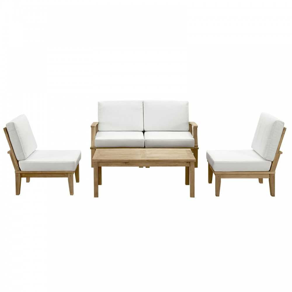 Marina 5 Piece Outdoor Patio Teak Set, Natural White, EEI-1477-NAT-WHI-SET
