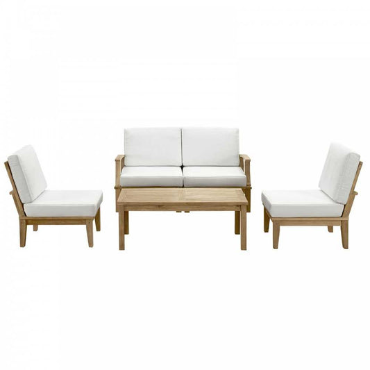 Marina 5 Piece Outdoor Patio Teak Set, Natural White, EEI-1477-NAT-WHI-SET