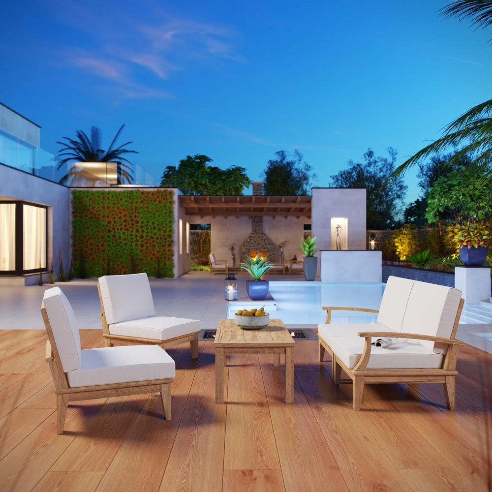 Marina 5 Piece Outdoor Patio Teak Set, Natural White, EEI-1477-NAT-WHI-SET