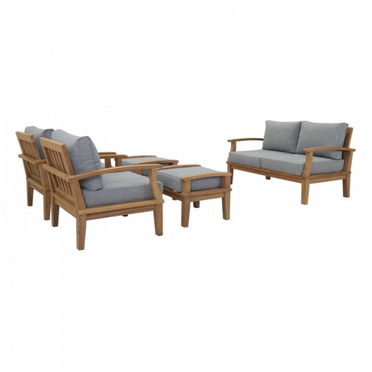 Marina 5 Piece Outdoor Patio Teak Set, Natural Gray, EEI-1472-NAT-GRY-SET