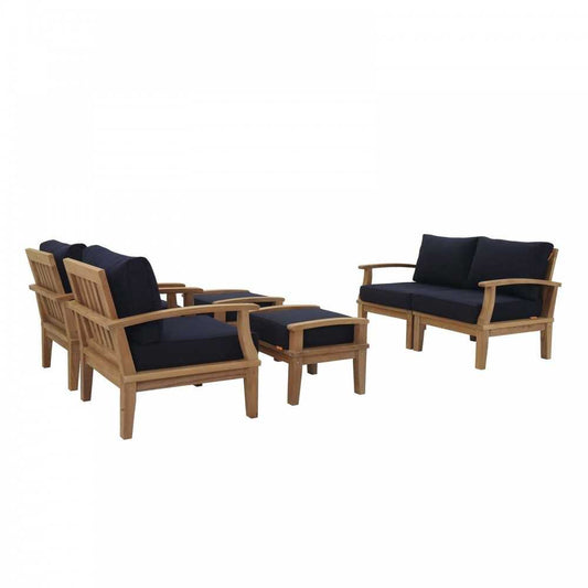 Marina 6 Piece Outdoor Patio Teak Set, Natural Navy, EEI-1597-NAT-NAV-SET