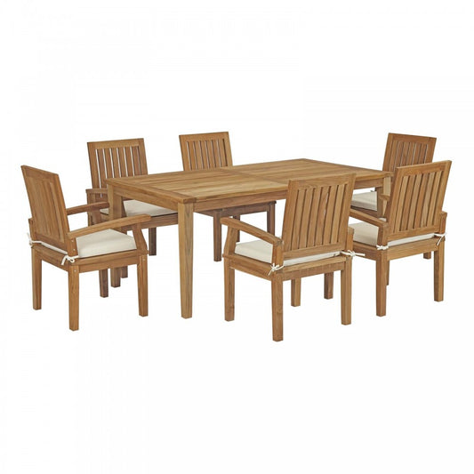 Marina 7 Piece Outdoor Patio Teak Dining Set, Natural White, EEI-3295-NAT-WHI-SET
