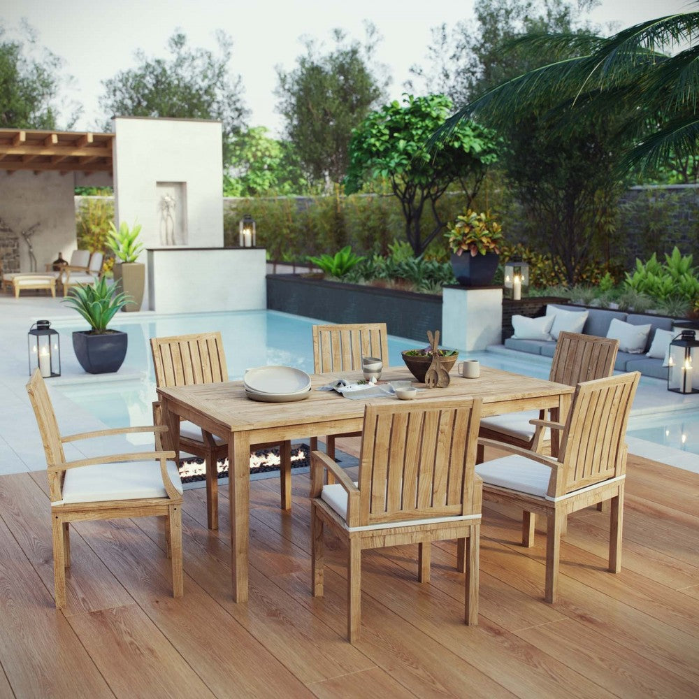 Marina 7 Piece Outdoor Patio Teak Dining Set, Natural White, EEI-3295-NAT-WHI-SET