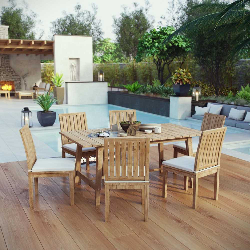 Marina 7 Piece Outdoor Patio Teak Dining Set, Natural White, EEI-3296-NAT-WHI-SET