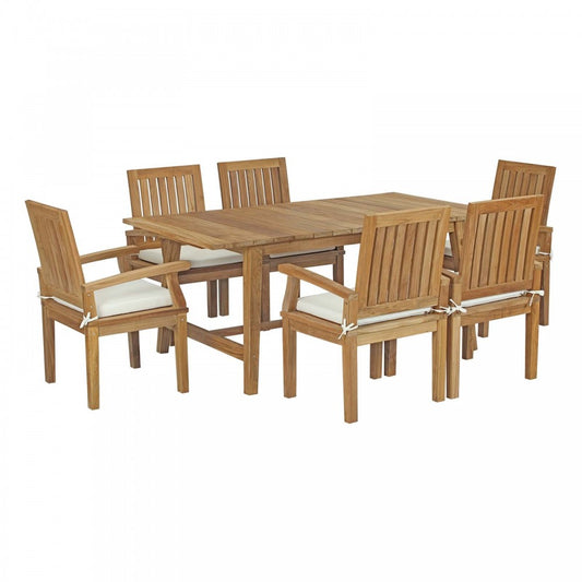 Marina 7 Piece Outdoor Patio Teak Dining Set, Natural White, EEI-3297-NAT-WHI-SET