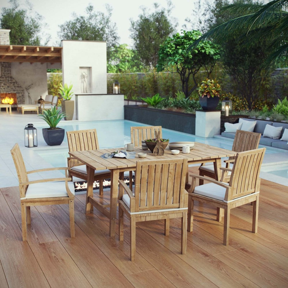 Marina 7 Piece Outdoor Patio Teak Dining Set, Natural White, EEI-3297-NAT-WHI-SET