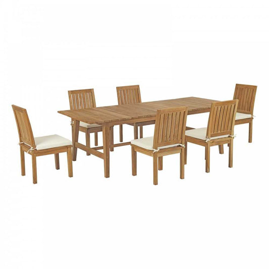 Marina 7 Piece Outdoor Patio Teak Dining Set, Natural White, EEI-3307-NAT-WHI-SET