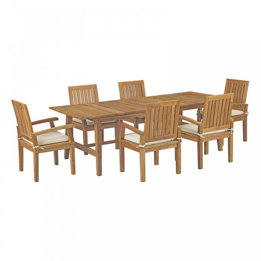 Marina 7 Piece Outdoor Patio Teak Dining Set, Natural White, EEI-3308-NAT-WHI-SET