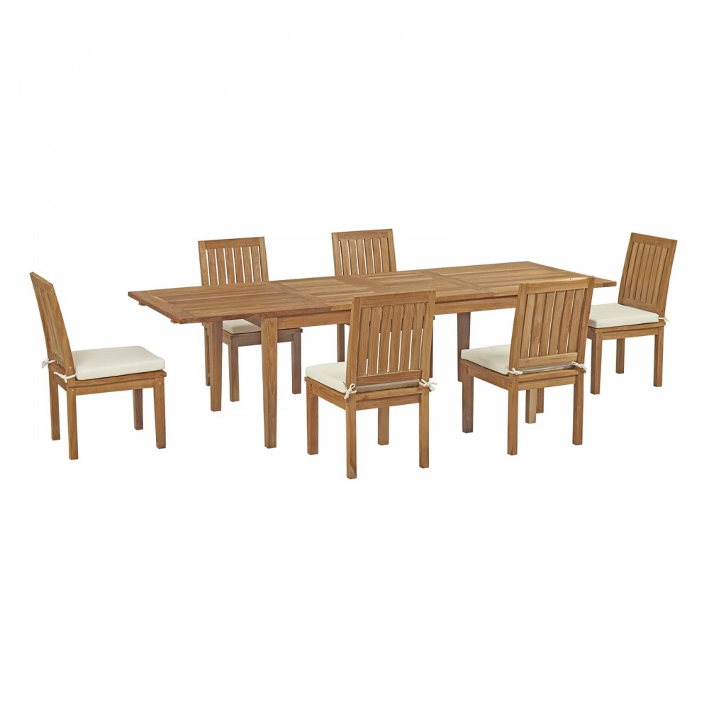 Marina 7 Piece Outdoor Patio Teak Dining Set, Natural White, EEI-3207-NAT-WHI-SET