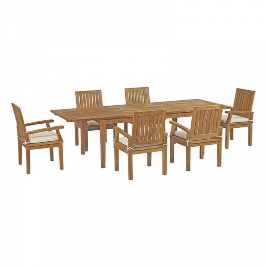 Marina 7 Piece Outdoor Patio Teak Dining Set, White, EEI-3279-NAT-WHI-SET