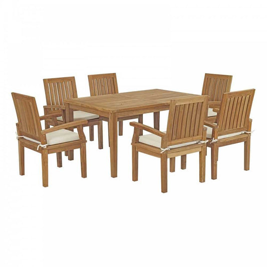 Marina 7 Piece Outdoor Patio Teak Dining Set, Natural White, EEI-3292-NAT-WHI-SET